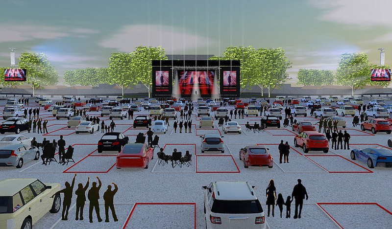 This artist rendering released by Live Nation shows the set up for Live Nation's "Live from the Drive-In," concert series taking place July 10-12. (Live Nation via AP)