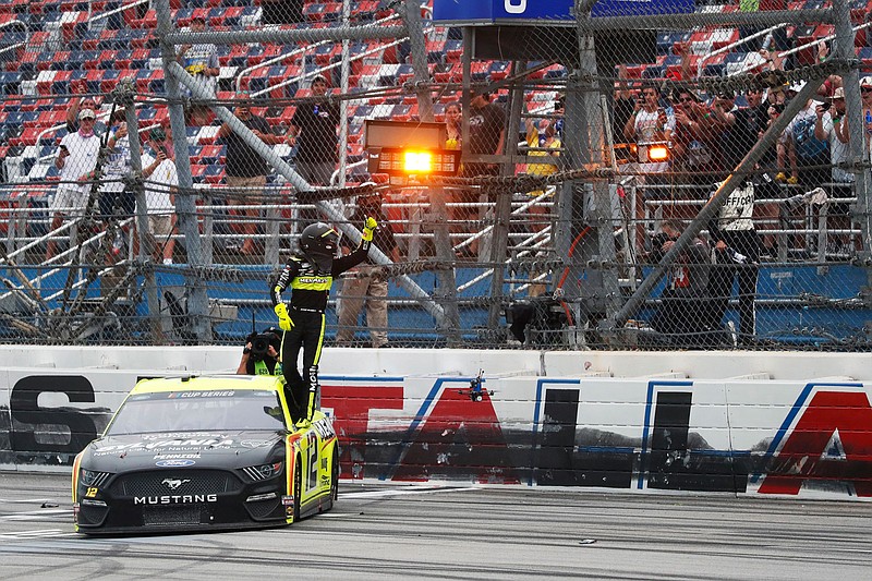 Ryan Blaney celebrates after winning Monday's NASCAR Cup Series race at Talladega Superspeedway in Talladega Ala.
