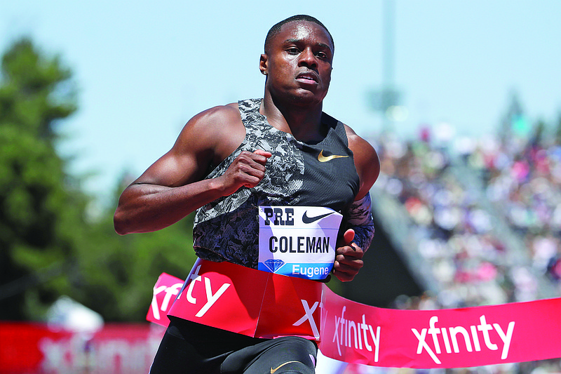 In this June 30, 2019, file photo, Christian Coleman wins the men's 100-meter dash at the Prefontaine Classic IAAF Diamond League athletics meet in Stanford, Calif.