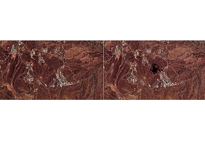 This Friday, June 26, 2020, photo combo from the European Commission's Sentinel-2 satellite shows the site of an explosion, before, left, and after, right, that rattled Iran's capital. Analysts say the blast came from an area in Tehran's eastern mountains that hides a underground tunnel system and missile production sites. The explosion appears to have charred hundreds of meters of scrubland. (European Commission via AP)