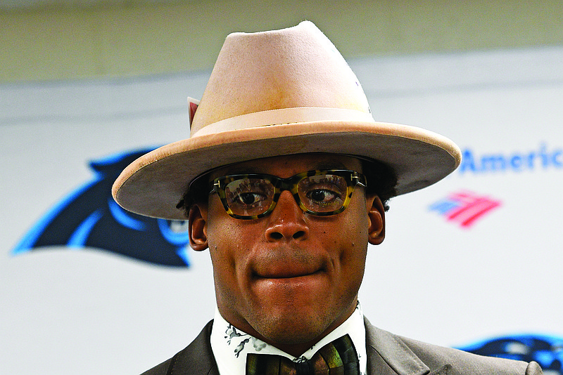 In this Nov. 9, 2018, file photo, Panthers quarterback Cam Newton talks with reporters following a 52-21 loss to the Steelers in Pittsburgh.