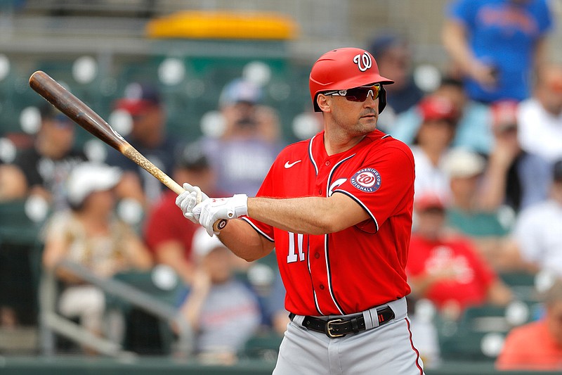 Washington Nationals' Ryan Zimmerman waits for a pitch from Miami Marlins pitcher Caleb Smith during the first inning of a spring training game on March 10, 2020, asin Jupiter, Fla. Zimmerman, a longtime infielder, and pitcher Joe Ross are opting out of playing the 2020 season as Major League Baseball tries to get back amid the COVID-19 pandemic.