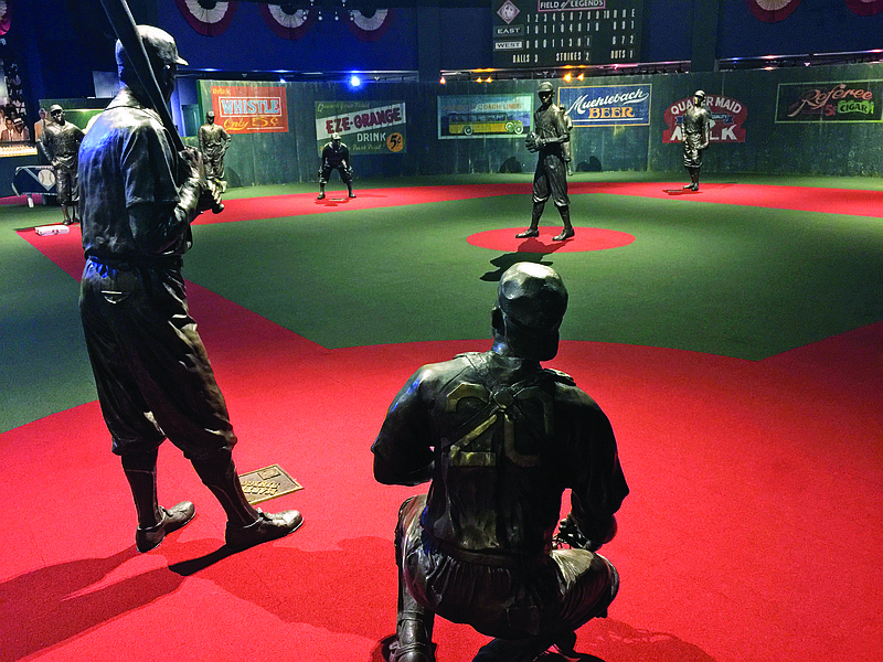 In this undated photo provided by the Negro Leagues Baseball Museum, the Field of Legends at the Negro Leagues Baseball Museum is viewed in Kansas City. The display features 10 life-size statues of Negro League greats cast in position as if they were playing a game.