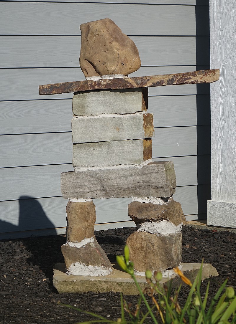 This inuksuk made recently now rests at the home of Bruce and Muriel Legrow of Linden.