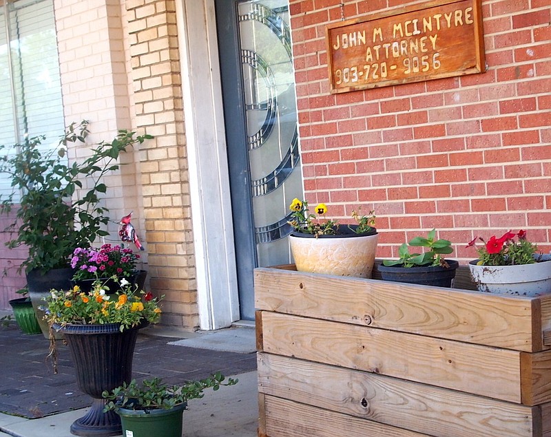 Attorney John McIntyre has nine flower pot plants outside his office door on North Main in Linden, Texas. He's part of the year-round effort to keep Linden growing, he says.
