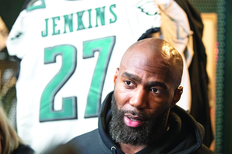 In this Jan. 6 file photo, Eagles strong safety Malcolm Jenkins speaks with members of the media at the team's practice facility in Philadelphia.