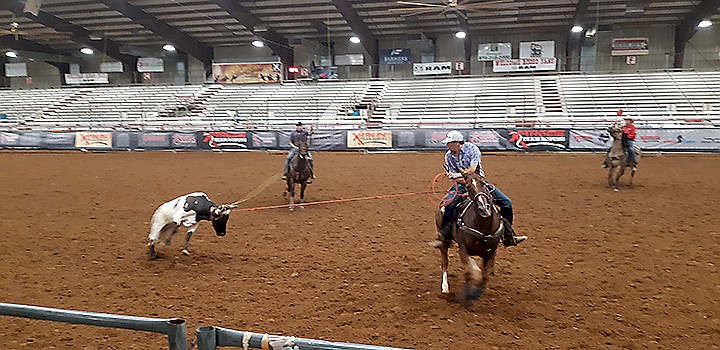 A team of ropers, a header and a heeler, coordinate to gain control of the steer who is doing its best to evade their efforts. The team roping competition took place Saturday, July 11, 2020, at the Four States Fairgrounds Rodeo Arena. It continues today, July 12, 2020. Staff photo by Junius Stone
