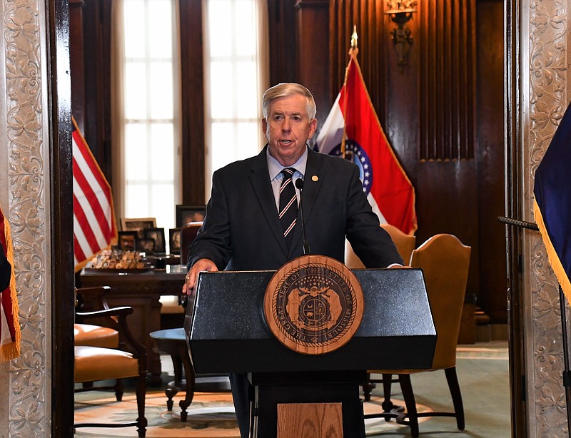 Missouri Gov. Mike Parson speaks during a COVID-19 briefing Thursday, July 16, 2020.