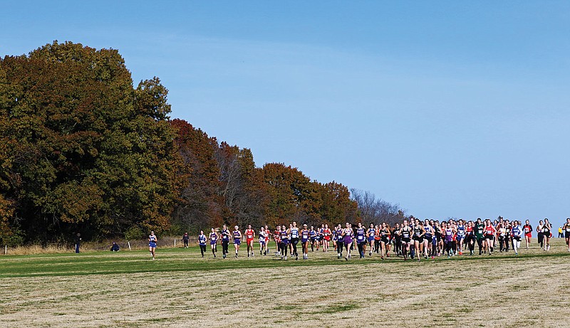 A pack forms at the start of the Class 1 girls race at the state cross country championships last season at Gans Creek Cross Country Course in Columbia.