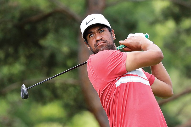 Tony Finau hits from the second tee during Friday's second round of the Memorial in Dublin, Ohio. Finau is tied with Ryan Palmer atop the leaderboard going into today's third round.