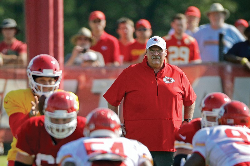 In this July 29, 2019, file photo, Chiefs head coach Andy Reid watches a drill during training camp in St. Joseph.