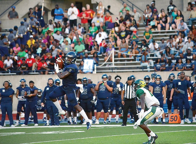 Dre'shon Alston of Lincoln jumps to catch a pass during a game last season against Missouri Southern at Dwight T. Reed Stadium.