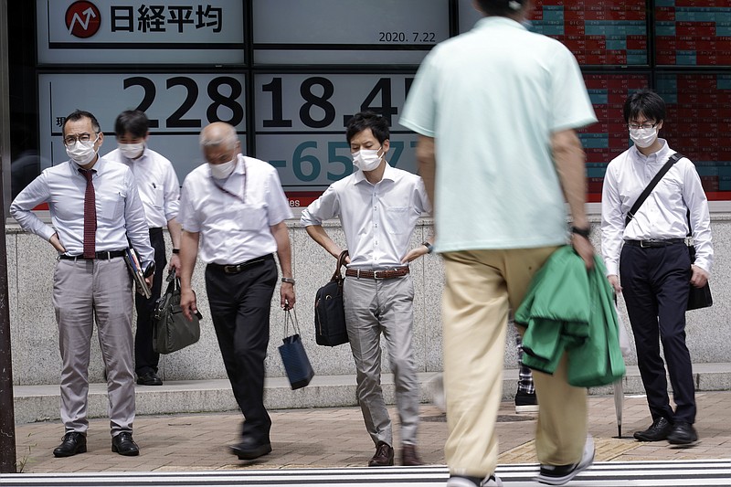 People wearing face masks walk past an electronic stock board showing Japan's Nikkei 225 index at a securities firm in Tokyo Wednesday, July 22, 2020. Shares were mixed in Asia on Wednesday, with Australia’s benchmark down more than 1% on reports of a sharp rise in coronavirus cases in the Melbourne area. (AP Photo/Eugene Hoshiko)