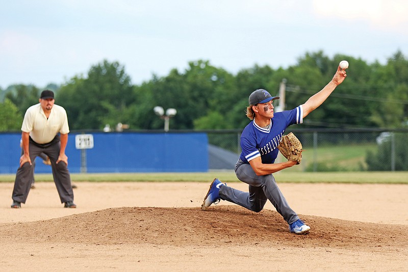 Russellville's Landon Plochberger releases a pitch during Tuesday's game against Stoutland in Russellville.