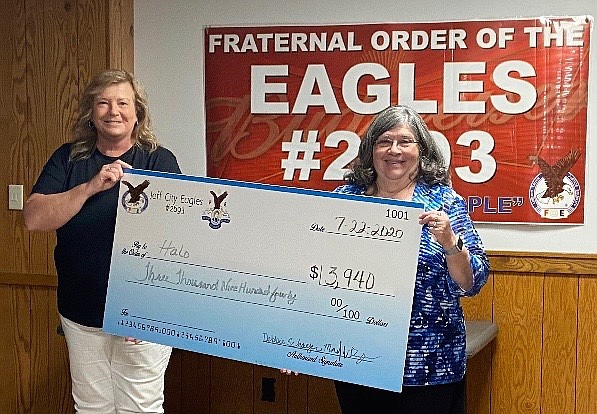 Suzanne Wilson, of HALO, (left) accepts a Jefferson City Eagles Auxiliary check from Debbie Schaefer Wednesday evening. (Contributed photo)