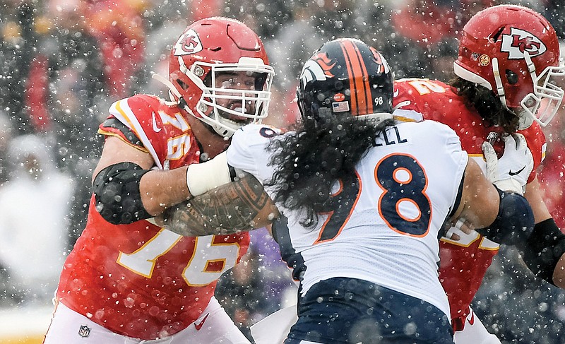 In this Dec. 15, 2019, photo, Chiefs offensive guard Laurent Duvernay-Tardif works against Denver Broncos nose tackle Mike Purcell during the first half of a game at Arrowhead Stadium.