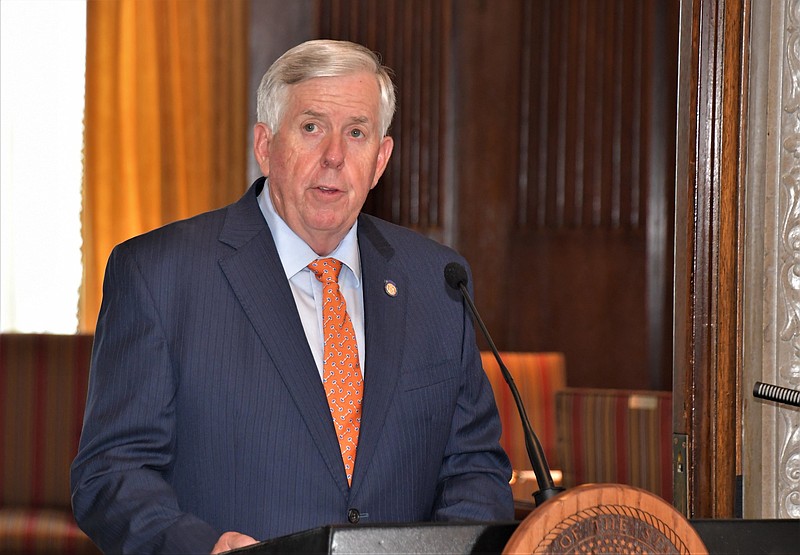 Missouri Gov. Mike Parson speaks during a briefing July 27, 2020.