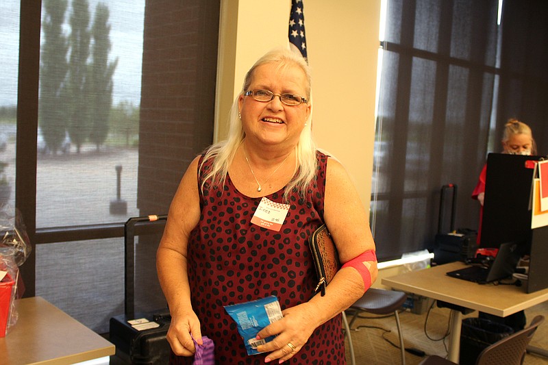 <p>Olivia Garrett/FULTON SUN</p><p style="text-align:right;">Portland resident Inez Stanberry donated blood at Callaway Electric Cooperative. Stanberry has been giving blood for nearly 40 years. “People need it,” she said. “As long as I can give, I will.” Stanberry first began giving blood after the birth of her daughter, who also came to give blood Monday. “I talked her into it,” Stanberry said. Monday’s blood drive was held in memory of Braeden Sconce, a 2017 graduate of South Callaway High School. Locals will also have the chance to give blood noon-6 p.m. Wednesday and Thursday at Fulton High School at the Super Sam Memorial Blood Drive.</p>