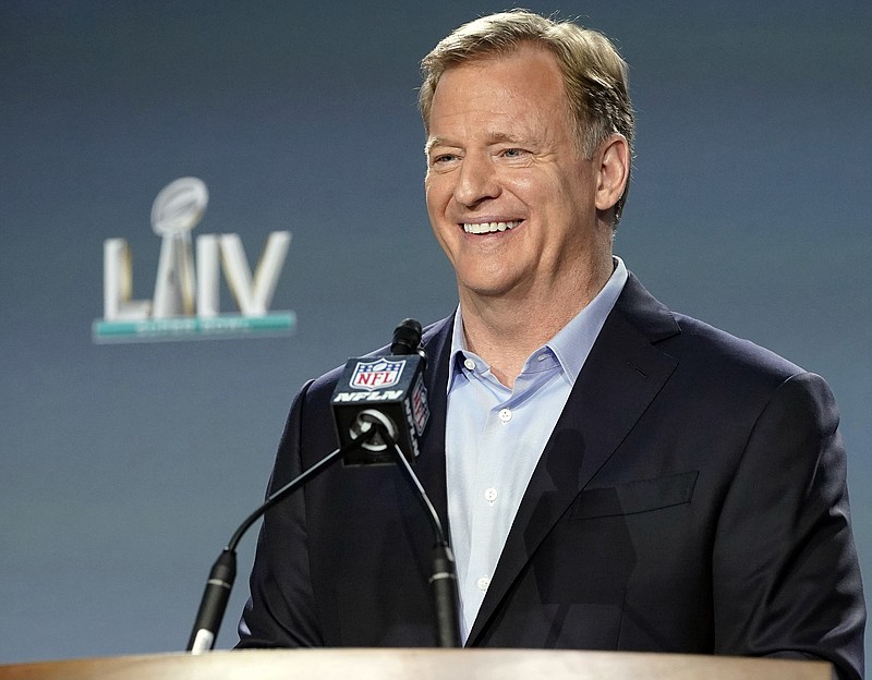 In this Jan. 29 file photo, NFL commissioner Roger Goodell smiles before answering a question during a news conference for the Super Bowl LIV between the Chiefs and the 49ers in Miami.