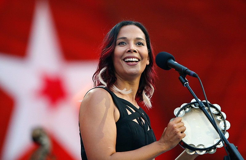 In this Tuesday, July 3, 2018, file photo, Rhiannon Giddens performs during rehearsal for the Boston Pops Fireworks Spectacular in Boston. The Grammy-winning musician is Silkroad's new artistic director, taking the baton from renowned cellist Yo-Yo Ma, who founded the group two decades ago, Silkroad said on Tuesday, July 28, 2020. The North Carolina native is the first woman and first multiracial artist to lead the Boston-based organization. (AP Photo/Michael Dwyer, File)