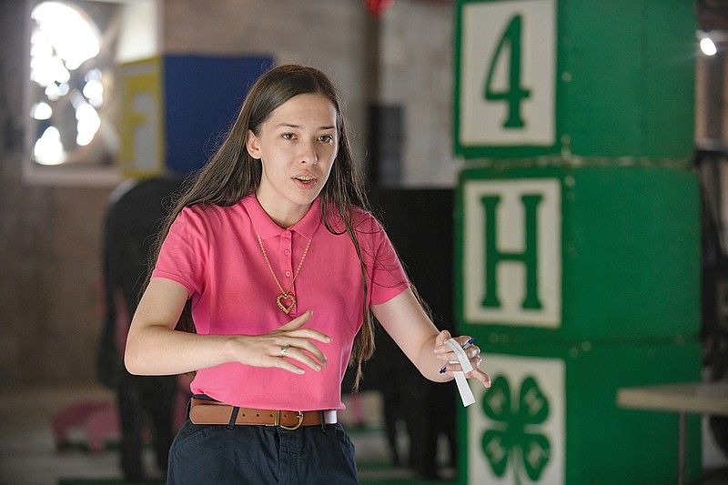 Standing in front of judges and a timekeeper, Eileen Shafer, of the Clover Crusaders 4-H, takes her turn at extemporaneous speech Thursday at the Jefferson City Jaycees Cole County Fair.