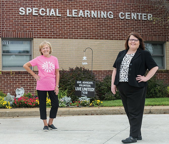 Debbie Hamler, current executive director at Special Learning Center, left, and Stephanie Johnson, the most recent executive director at Boys & Girls Club of Jefferson City, pose Thursday outside Special Learning Center. Effective Oct. 1, Johnson will take over the role of executive director at SLC and Hamler will move over to the SLC Foundation full time.