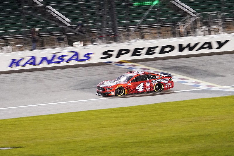 Kevin Harvick crosses the start/finish line during a NASCAR Cup Series race July 23 at Kansas Speedway in Kansas City, Kan.