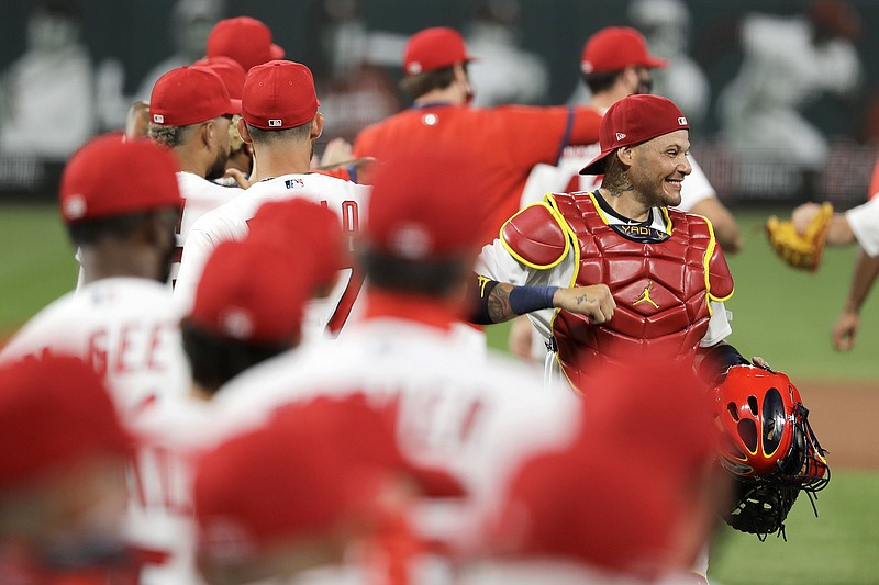 Cardinals catcher Yadier Molina celebrates a 5-4 victory against the Pirates July 31, 2020, at Busch Stadium.