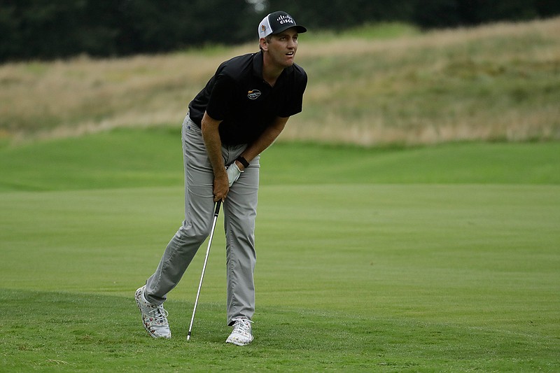 Brendon Todd watches his shot from the rough on the seventh hole during the third round of the World Golf Championship-FedEx St. Jude Invitational Saturday, Aug. 1, 2020, in Memphis, Tenn. (AP Photo/Mark Humphrey)