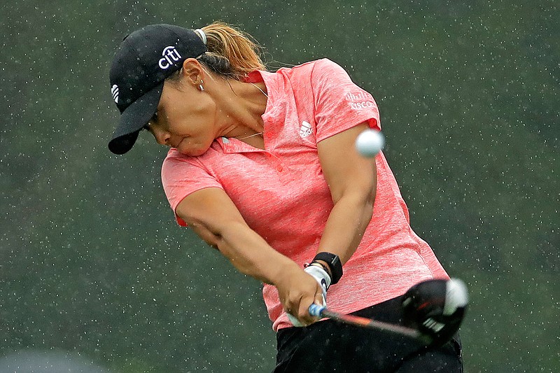 Danielle Kang follows through on her drive on the ninth hole during the second round of the LPGA Drive On Championship golf tournament Saturday, Aug. 1, 2020 at Inverness Golf Club in Toledo, Ohio. (AP Photo/Gene J. Puskar)