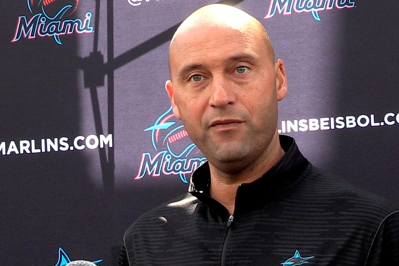 In this Feb. 24, 2020, file photo, Miami Marlins CEO Derek Jeter talks to the media before the team plays the St. Louis Cardinals in a baseball game in Jupiter, Fla. Jeter blames the team's coronavirus outbreak on a collective false sense of security that made players lax about social distancing and wearing masks. Infected were 21 members of the team's traveling party, including at least 18 players. (Charles Trainor Jr./Miami Herald via AP, File)