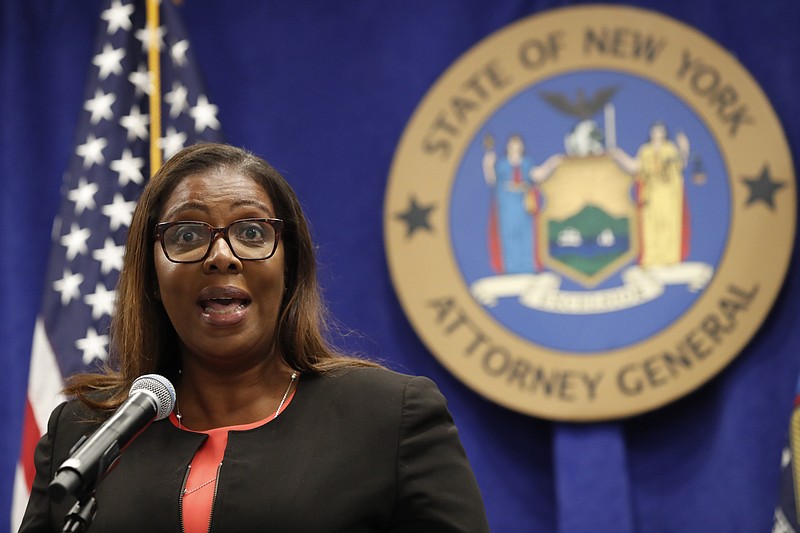 New York State Attorney General Letitia James announces that the state is suing the National Rifle Association during a press conference, Thursday, Aug. 6, 2020, in New York. James said that the state is seeking to put the powerful gun advocacy organization out of business over allegations that high-ranking executives diverted millions of dollars for lavish personal trips, no-show contracts for associates and other questionable expenditures. (AP Photo/Kathy Willens)