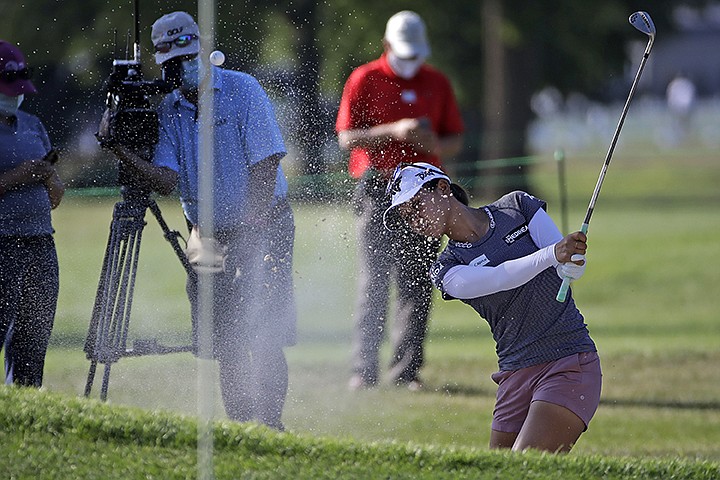 Lydia Ko, of New Zealand, hits out of a bunker on the 17th green during the second round of the Marathon Classic LPGA golf tournament Friday, Aug. 7, 2020, at the Highland Meadows Golf Club in Sylvania, Ohio. (AP Photo/Gene J. Puskar)