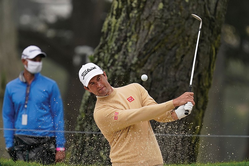 Adam Scott hits from a bunker during Tuesday's practice for the PGA Championship at TPC Harding Park in San Francisco.