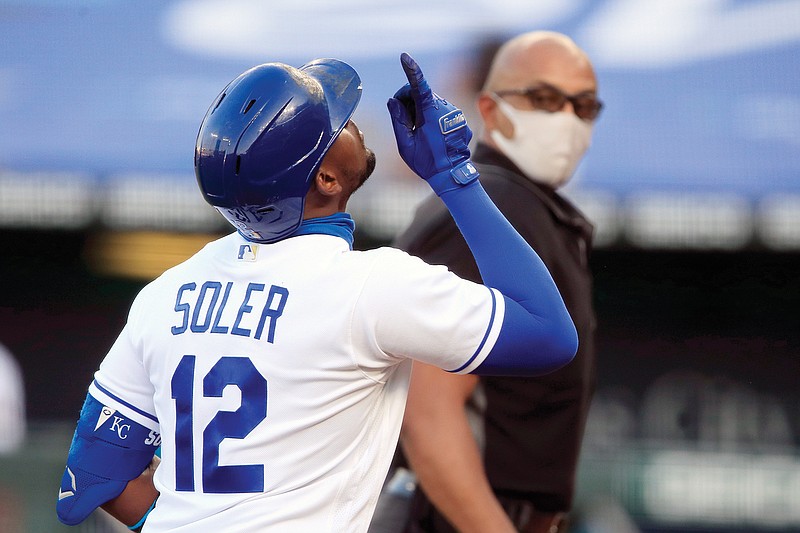 Jorge Soler of the Royals celebrates his solo home run during the third inning of Saturday night's game against the Twins at Kauffman Stadium.