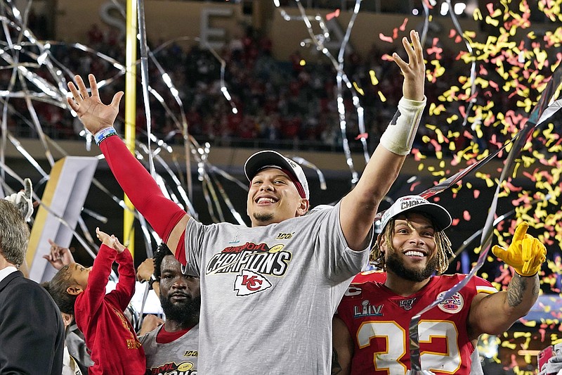 In this Feb. 2 file photo, Chiefs quarterback Patrick Mahomes celebrates with safety Tyrann Mathieu after defeating the 49ers in Super Bowl LIV in Miami Gardens, Fla.
