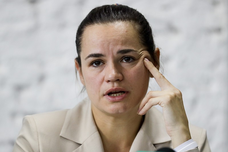 Sviatlana Tsikhanouskaya, candidate for the presidential elections, speaks at a news conference after the Belarusian presidential election in Minsk, Belarus, Monday, Aug. 10, 2020.The country's central election commission said that with all ballots counted, Lukashenko, who has led Belarus for 26 years, took 80.23% of the vote and his main opposition challenger, Sviatlana Tsikhanouskaya, had only 9.9%. "We don't recognize these results," Tsikhanouskaya, a former English teacher and political novice, told reporters Monday. (AP Photo/Sergei Grits)