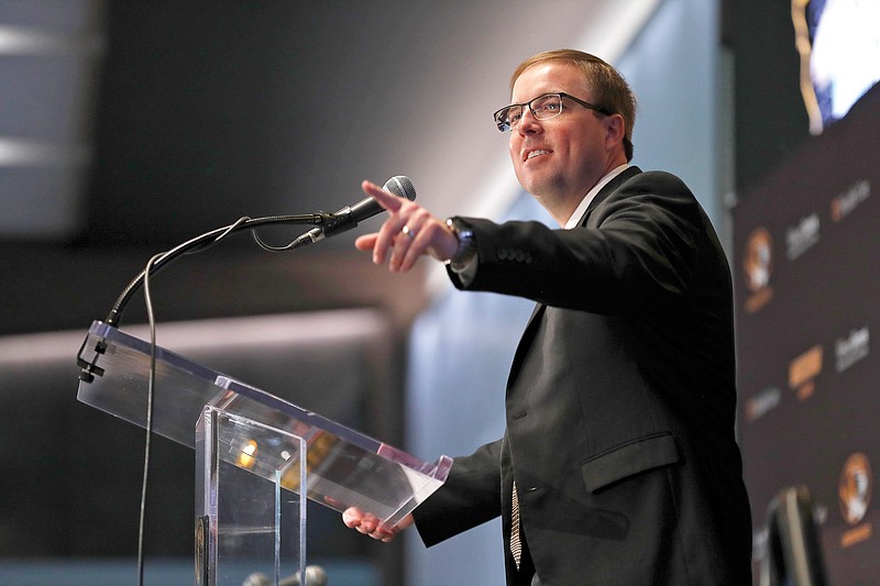 In this Dec. 10, 2019, file photo, Eli Drinkwitz speaks during a news conference introducing him as the new head coach of the Missouri football team in Columbia.