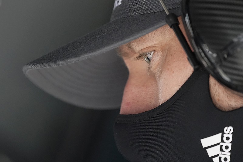 Cole Pearn looks at information on his computer screen for the Conor Daly car Thursday during a practice session for the Indianapolis 500 at Indianapolis Motor Speedway in Indianapolis. 