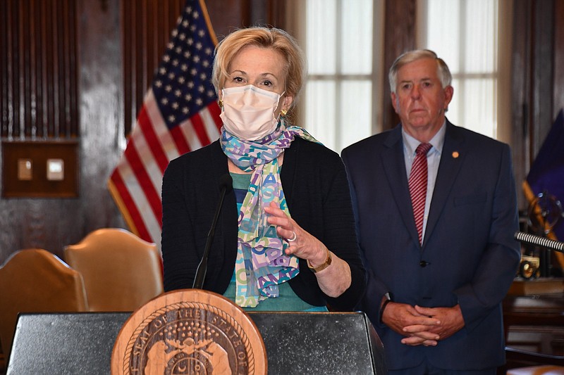 White House Coronavirus Response Coordinator Dr. Deborah Birx, speaks during a briefing with Missouri Gov. Mike Parson on Tuesday, Aug. 18, 2020, after meeting with the governor, Cabinet members, state health officials and community stakeholders at the Missouri Governor's Mansion in Jefferson City.