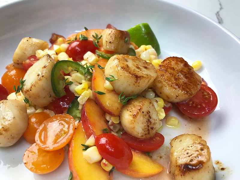 Seared Scallops Over Corn, Peaches and Tomatoes (Arkansas Democrat-Gazette/Kelly Brant) 08/05/20