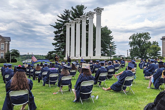 Westminster College's interim president, Donald Lofe, addresses the Class of 2020 during Commencement earlier this month. Lofe said some savvy planning last year saved Westminster a lot of trouble this year.