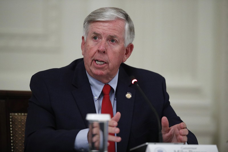 FILE - In this July 7, 2020, file photo, Missouri Gov. Mike Parson speaks during a "National Dialogue on Safely Reopening America's Schools," event in the East Room of the White House, in Washington. (AP Photo/Alex Brandon, File)