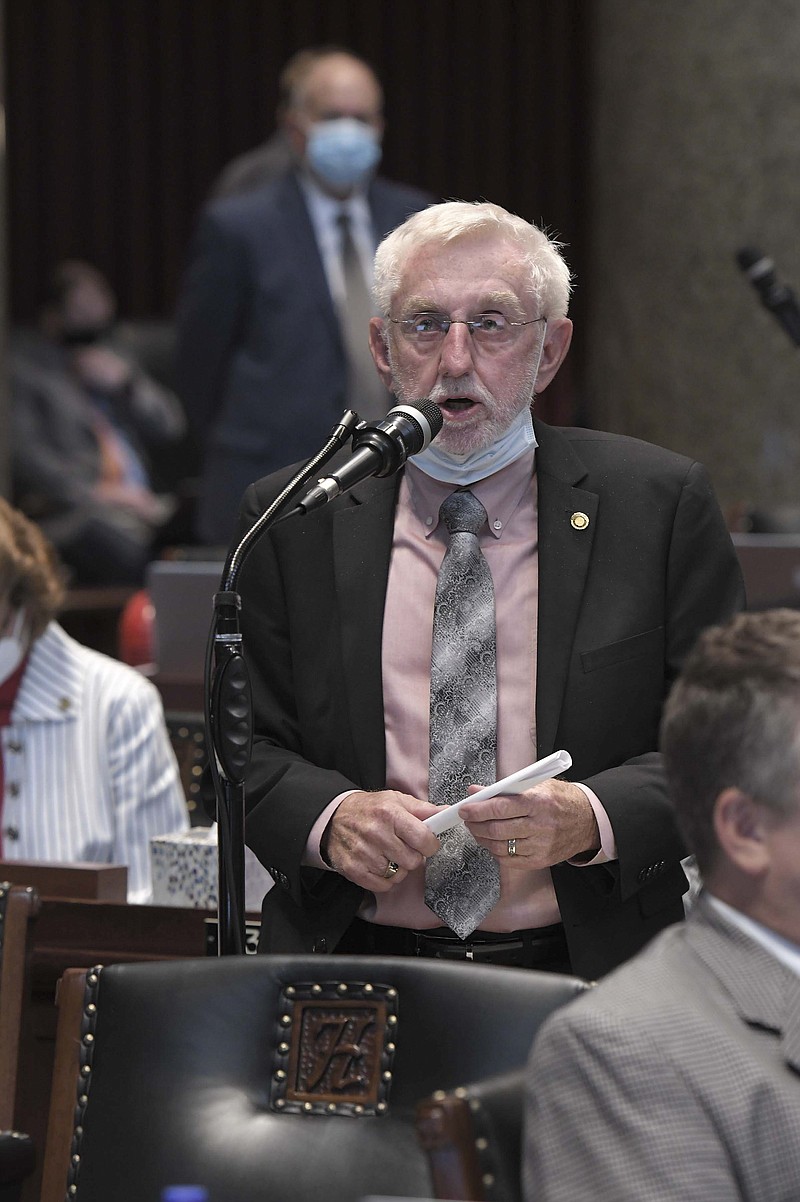 State Rep. Rudy Veit-R, Wardsville, comments on a bill up for debate Monday, Aug. 24, 2020, during the Missouri Legislature’s Special Session. (Tim Bommel/Missouri House of Representatives photo)
