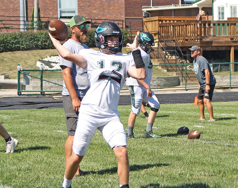 Sophomore Braydn O'Neal — North Callaway's new starting quarterback — throws a pass during a drill in an Aug. 20 practice at the high school in Kingdom City. O'Neal and the Thunderbirds kick off the 2020 season tonight at home against Louisiana.