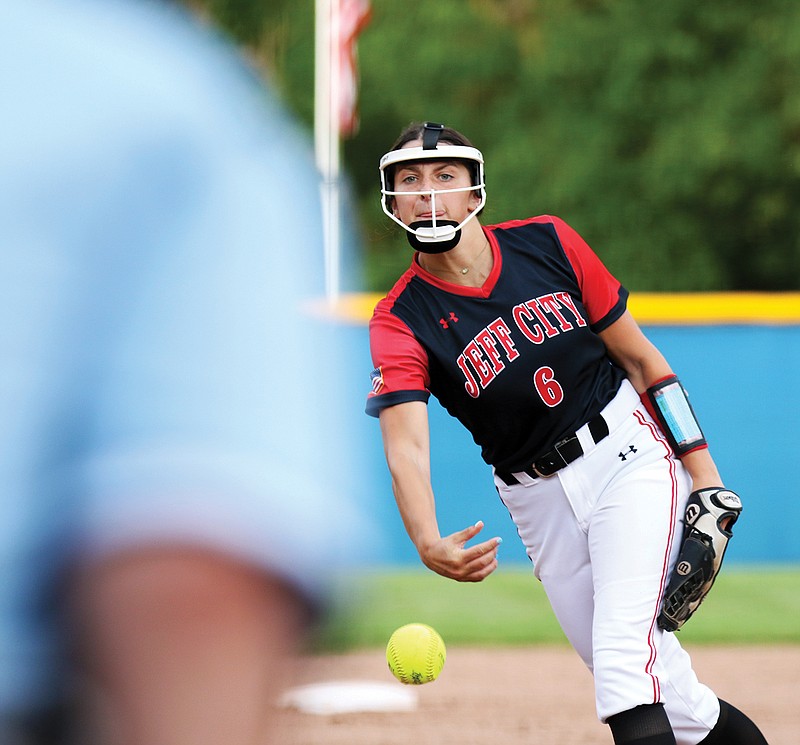 Avrey Reynolds of the Lady Jays releases a pitch during Wednesday night's game against Warrensburg at Vogel Field.