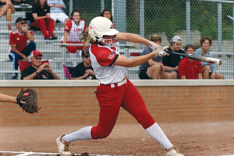 Kara Daly of Jefferson City doubles in the bottom of the first inning of Thursday's game against St. Elizabeth at Vogel Field.