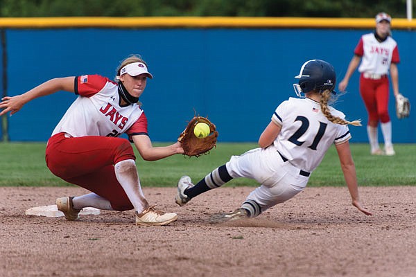 Jefferson City shortstop Kara Daly catches the throw down and prepares to tag Molly Berkey of Helias on a steal attempt during Wednesday's game at Vogel Field.
