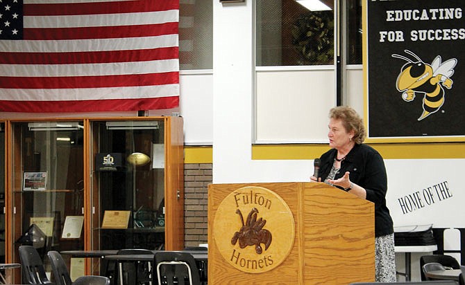 Fulton Public Schools Director of Food Services Rhonda Fletcher addresses the school board.