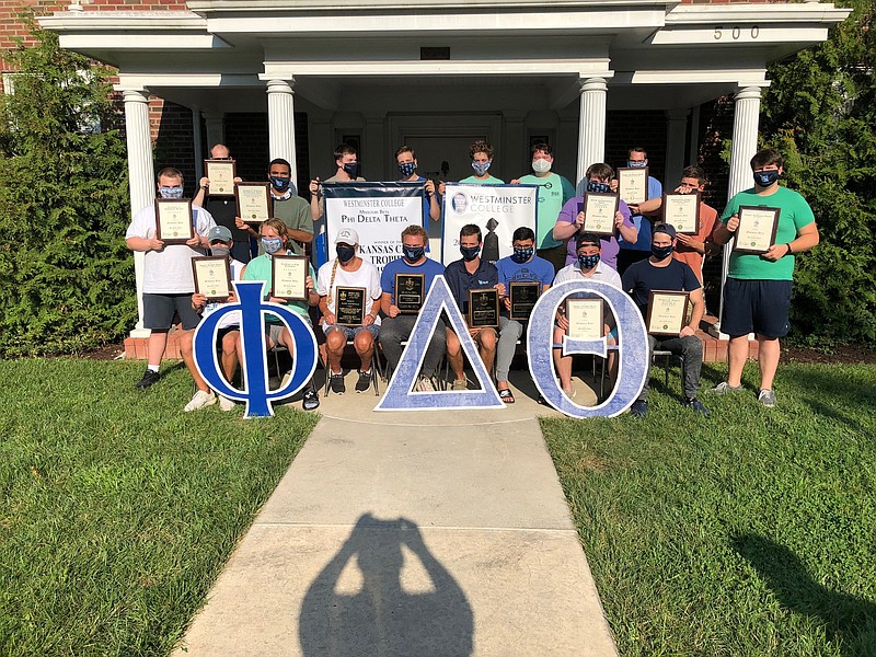<p>Submitted</p><p>Members of Westminster College’s Missouri Beta Chapter of the Phi Delta Theta fraternity pose with awards from the organization. Missouri Beta has once again earned the trophy for the 2019-20 academic year.</p>